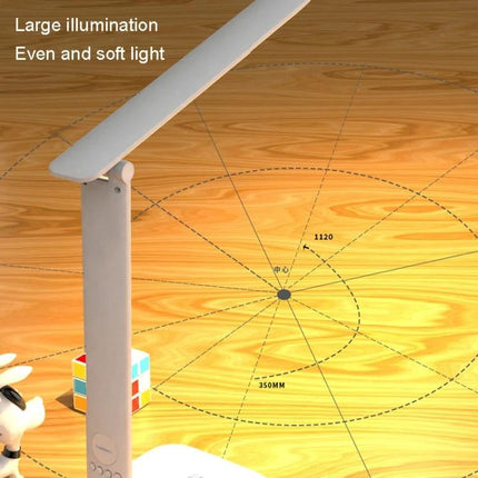 Foldable Desk Lamp for Daily Home Work and Study Sessions showing large even soft illumination on a wooden desk, adjustable arm and wide light coverage