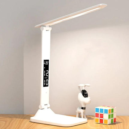 Foldable Desk Lamp for Daily Home Work and Study Sessions with adjustable arm, LED panel and digital display on a desk