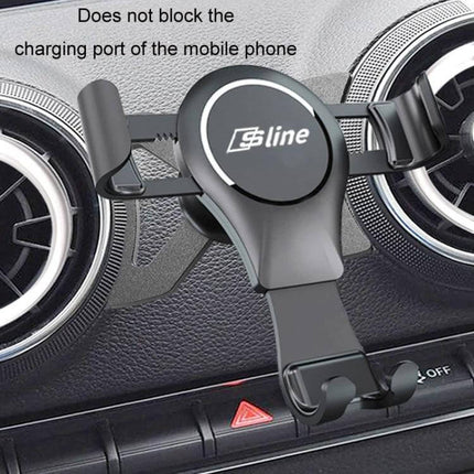 Audi Magnetic Car Phone Holder For Easy One Hand Use mounted on Audi dashboard vent, aluminum alloy PC construction, one-handed magnetic grip, does not block charging port