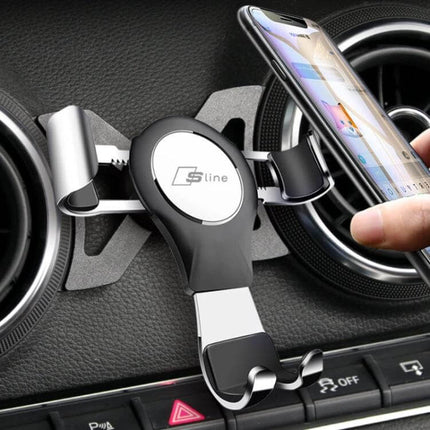 Audi Magnetic Car Phone Holder For Easy One Hand Use mounted on Audi dashboard air vent holding smartphone for navigation and calls