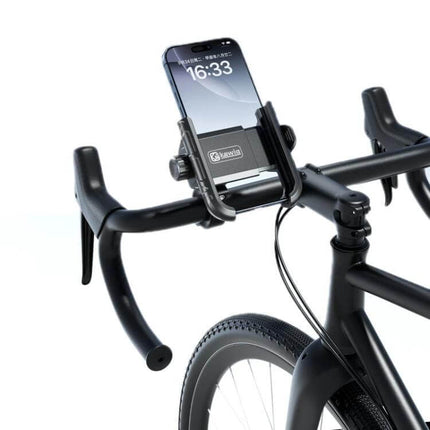 Kewig Phone Mount for Motorcycle and Bicycle 360 Degree Rotation mounted on bicycle handlebar showing phone, quick-release one-handed access