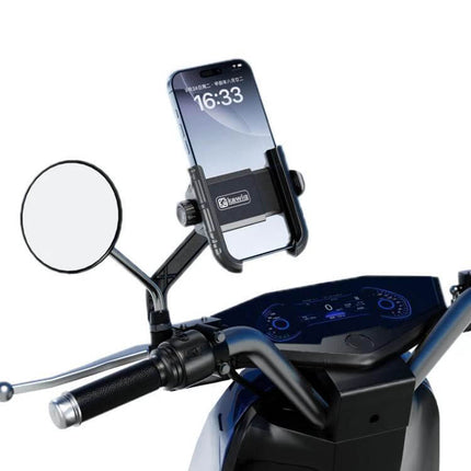 Kewig Phone Mount for Motorcycle and Bicycle 360 Degree Rotation securely holding a smartphone on a scooter handlebar for navigation and photography