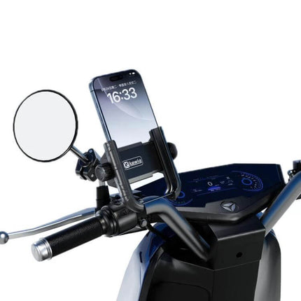 Kewig Phone Mount for Motorcycle and Bicycle 360 Degree Rotation mounted on scooter handlebar holding smartphone for navigation and cycling photography