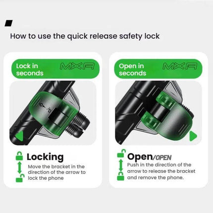 Kewig Phone Mount for Motorcycle and Bicycle 360 Degree Rotation quick-release safety lock demonstration showing locking and opening steps