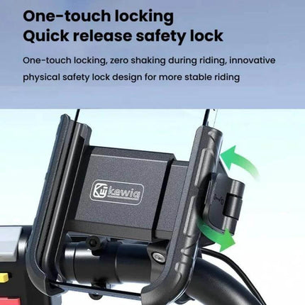 Kewig Phone Mount for Motorcycle and Bicycle 360 Degree Rotation one-touch locking quick-release safety lock on handlebar, supports 5.4–7.2in phones