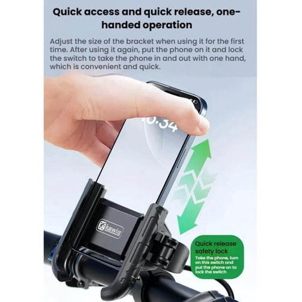 Kewig Phone Mount for Motorcycle and Bicycle 360 Degree Rotation showing one-handed quick-release mounting on handlebar with phone being placed