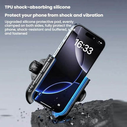 Kewig Phone Mount for Motorcycle and Bicycle 360 Degree Rotation - phone secured in TPU shock-absorbing silicone clamp with aluminum base, one-handed quick-release