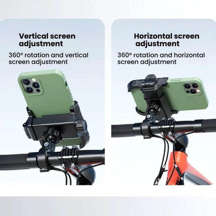 Kewig Phone Mount for Motorcycle and Bicycle 360 Degree Rotation showing vertical and horizontal screen adjustment on bicycle handlebars
