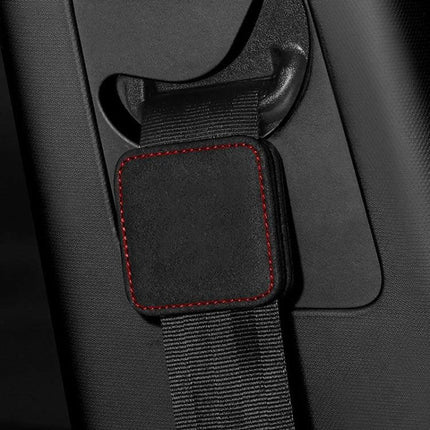 Car Seat Belt Limiter Elastic Adjuster Magnetic Fixation — suede magnetic belt limiter with red stitching, compact 6.3x6.3cm for comfortable seatbelt position