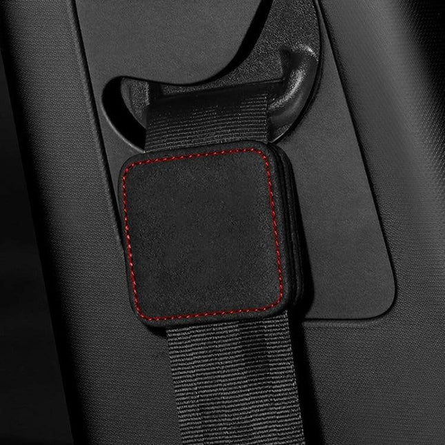 Car Seat Belt Limiter Elastic Adjuster Magnetic Fixation — suede magnetic belt limiter with red stitching, compact 6.3x6.3cm for comfortable seatbelt position
