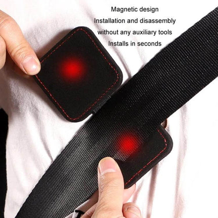 Car Seat Belt Limiter Elastic Adjuster Magnetic Fixation shown in suede square with magnetic tool-free installation on seatbelt for comfort and reduced chafing