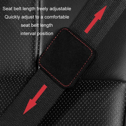 Car Seat Belt Limiter Elastic Adjuster Magnetic Fixation on black leather seat showing suede pad and adjustable seat belt position