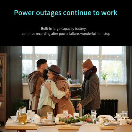 Wireless Dual Lens Camera for Home Security Monitoring capturing family gathering with power outage backup and continuous recording via built-in battery