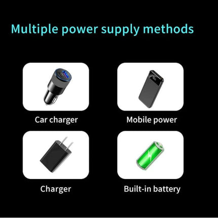 Wireless Dual Lens Camera for Home Security Monitoring showing multiple power supply methods: car charger, mobile power, charger, built-in battery