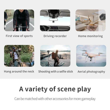 Wireless Dual Lens Camera for Home Security Monitoring showing multiple use scenes: home monitoring, driving recorder, sports, aerial photography