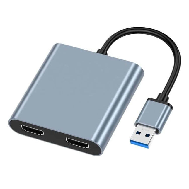 USB to Dual HDMI Screen Extender for Laptops and Monitors showing silver adapter with USB-A cable and two HDMI ports