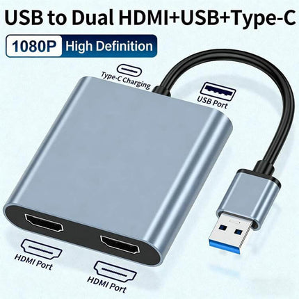 USB to Dual HDMI Screen Extender for Laptops and Monitors showing dual HDMI ports, USB plug and Type-C charging option, 1080P/4K support