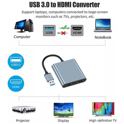 USB to Dual HDMI Screen Extender for Laptops and Monitors showing USB 3.0 to dual HDMI adapter connecting laptops to projector and HDTVs