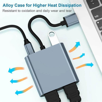 USB to Dual HDMI Screen Extender for Laptops and Monitors - compact alloy case connected to laptop showing dual HDMI outputs and heat dissipation
