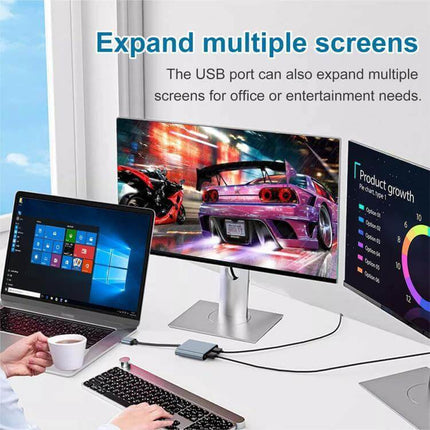 USB to Dual HDMI Screen Extender for Laptops and Monitors connected to a laptop and two external 4K monitors on a desk for multitasking