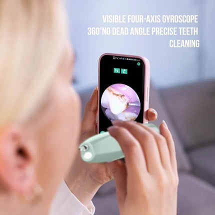 Visual Ultrasonic Scaler For Tartar Removal Blue Gradient held showing real-time tooth visualization on built-in display with curved stainless steel cleaning head