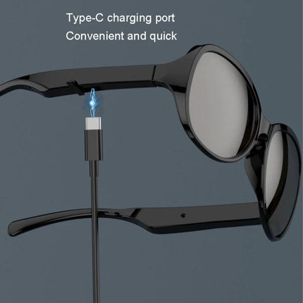 Smart Polarized Sunglasses With Built In Audio For Commuting showing Type-C charging port on black sunglass frame for commuters