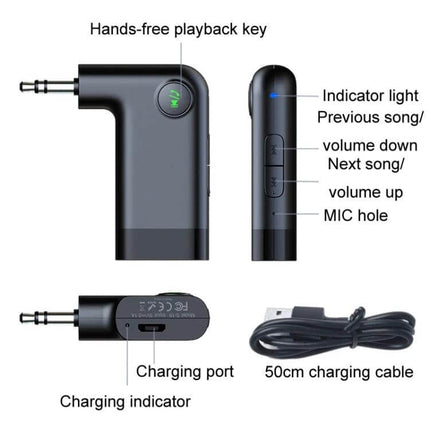 Car Mini AUX Wireless Bluetooth Receiver For Car Audio compact Bluetooth 5.0 adapter with 3.5mm jack, hands-free key, volume buttons, mic and charging cable