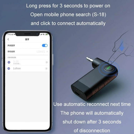 Car Mini AUX Wireless Bluetooth Receiver For Car Audio showing phone pairing screen and 3.5mm adapter with power button and reconnect instructions