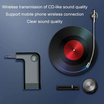 Car Mini AUX Wireless Bluetooth Receiver For Car Audio compact Bluetooth 5.0 adapter beside record player illustrating wireless CD-like sound quality