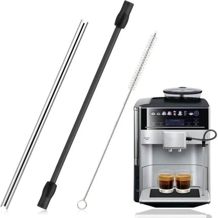 Milk Pipe And Cleaning Brush Set For Coffee Machines Dark Gray silicone hose, stainless tube and brush shown with espresso machine