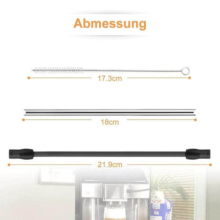 Milk Pipe And Cleaning Brush Set For Coffee Machines Dark Gray silicone hose, stainless tube and brush with dimensions for home espresso maintenance