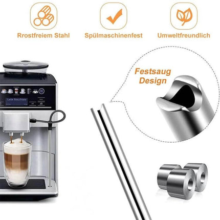 Milk Pipe And Cleaning Brush Set For Coffee Machines Dark Gray silicone hose, stainless steel milk tube and brush shown with espresso machine
