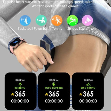 A Versatile Smart Watch for Daily Health and Activity Tracking showing step, heart rate, sleep and workout screens on wrist during exercise