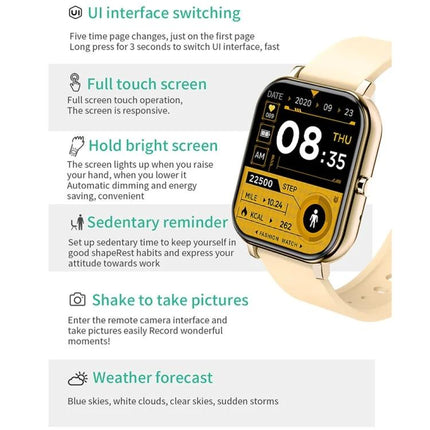 A Versatile Smart Watch for Daily Health and Activity Tracking - gold rectangular full touch screen showing steps, heart rate, sleep icons