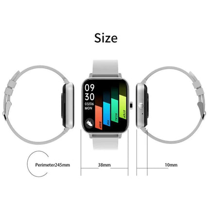 A Versatile Smart Watch for Daily Health and Activity Tracking — silver rectangular smartwatch front and side views showing 38mm face, 10mm thickness, 245mm strap perimeter