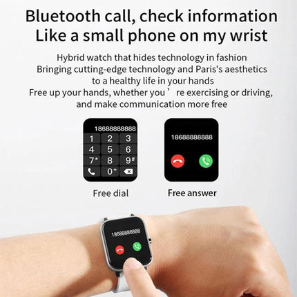 A Versatile Smart Watch for Daily Health and Activity Tracking showing Bluetooth call screen and wrist answering buttons