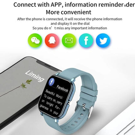 A Versatile Smart Watch for Daily Health and Activity Tracking showing app notifications, heart rate and step alerts on a blue smartwatch next to a smartphone