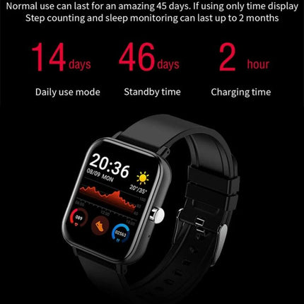 A Versatile Smart Watch for Daily Health and Activity Tracking shown with 14 days daily use, 46 days standby, 2 hour charging time and black band