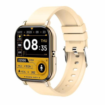 A Versatile Smart Watch for Daily Health and Activity Tracking showing steps, heart rate, calories and sleep metrics on a gold case with beige strap