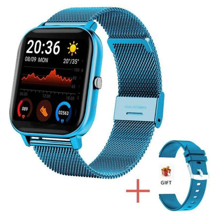 A Versatile Smart Watch for Daily Health and Activity Tracking - blue metal band smartwatch showing heart rate, steps, sleep and weather display