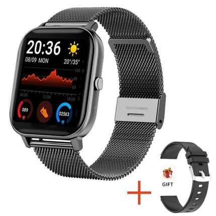 A Versatile Smart Watch for Daily Health and Activity Tracking - sleek black stainless mesh band with activity screens, extra silicone strap and gift icon