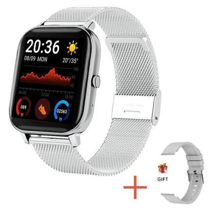 A Versatile Smart Watch for Daily Health and Activity Tracking - silver mesh band, heart rate and step display