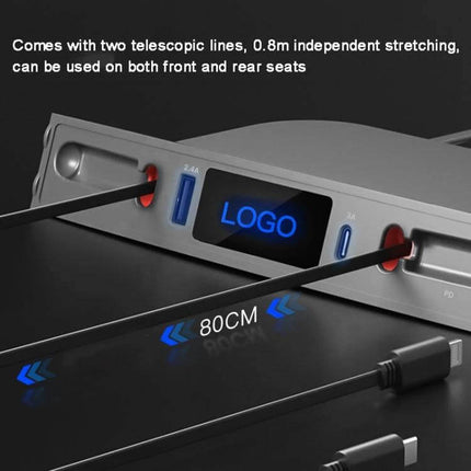 Compact Interior USB C Docking Hub For Car Charging showing in-dash unit with two 0.8m telescopic USB-C lines, dual ports and LED display