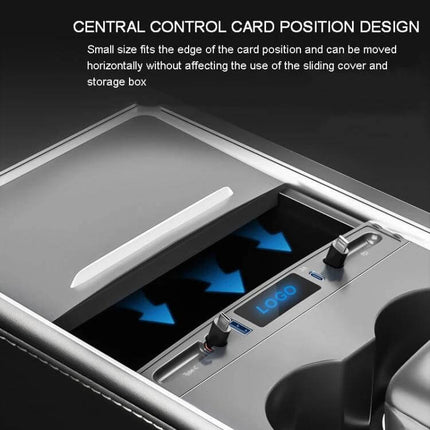 Compact Interior USB C Docking Hub For Car Charging installed in Tesla Model 3 dash with dual telescopic 0.8m USB-C lines and 27W PD ports