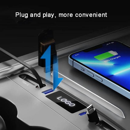 Compact Interior USB C Docking Hub For Car Charging installed in Tesla Model 3/Y center console with dual retractable USB‑C cables and 27W PD charging