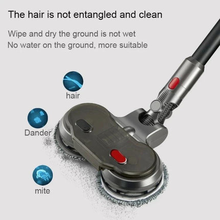 Dyson V15 Compatible Electric Wet and Dry Mopping Head for Floors shown removing hair, dander and dust from hard floor with dual rotating pads