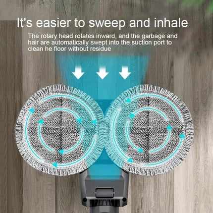 Dyson V15 Compatible Electric Wet and Dry Mopping Head for Floors showing dual rotating mop pads sweeping dirt into suction port