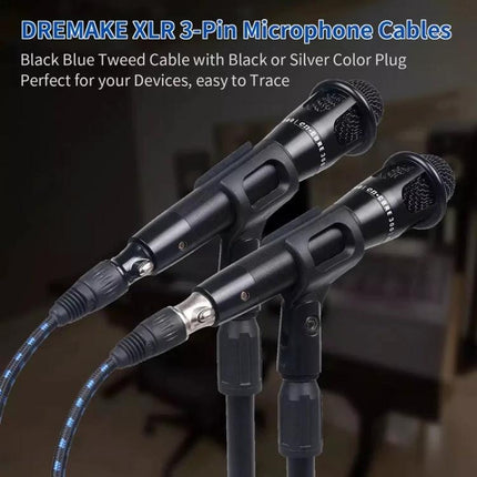 XLR Cable for Audio Connections in Daily Performances — durable cotton mesh covered XLR cable connected to two stage microphones