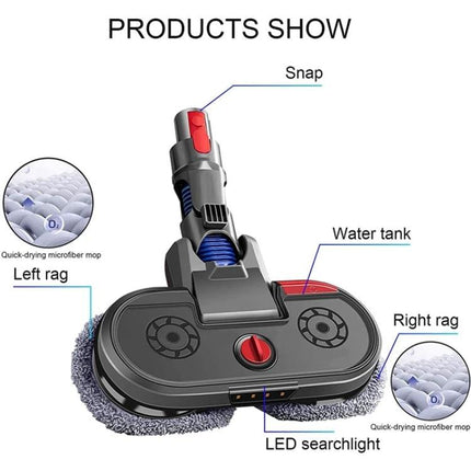 Compatible Electric Mopping Head with Water Tank for Dyson Vacuums showing water tank, left and right microfiber rags and LED searchlight