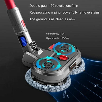 Compatible Electric Mopping Head with Water Tank for Dyson Vacuums showing dual rotating pads, water delivery and suction for hard floor cleaning